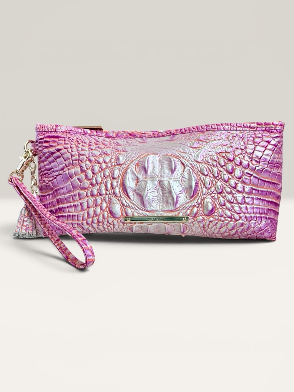 Brahmin Kayla Wristlet Clutch Pink Peony Ombre Melbourne Leather Tassel Bag READ